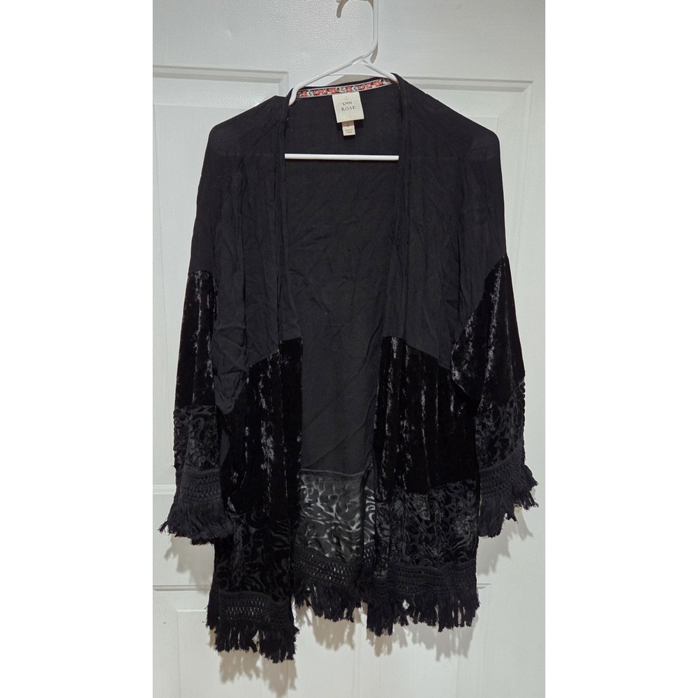 Knox Rose Black Velvet Burnout Boho Open Front Kimono Cardigan W/ Fringe Women S